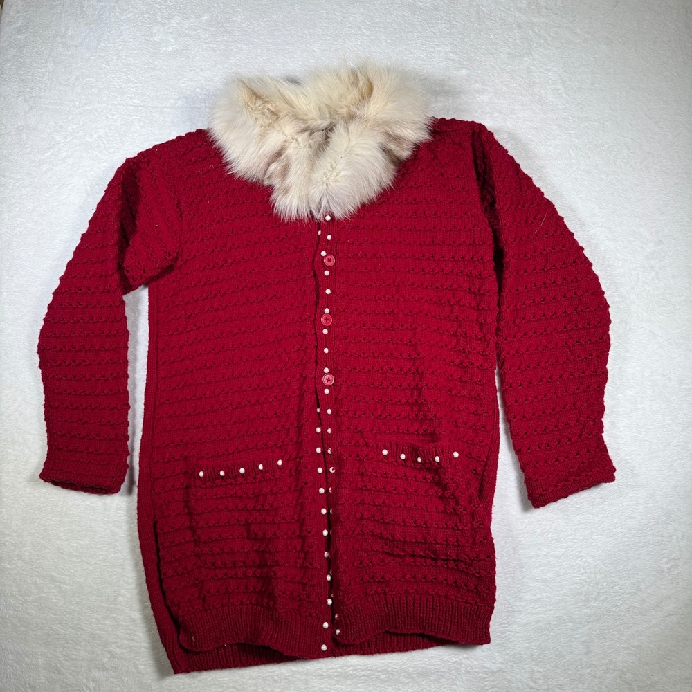 Vintage Red Knit Cardigan Faux Fur Collar Pearl‎ Buttons Womens M